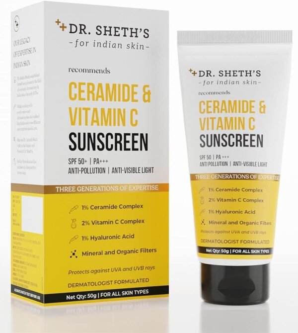 Dr. Sheth's Ceramide & Vitamin C Sunscreen ISpf 50+ Pa+++INo White Cast|Brightens IUV-A & UV-B 50g